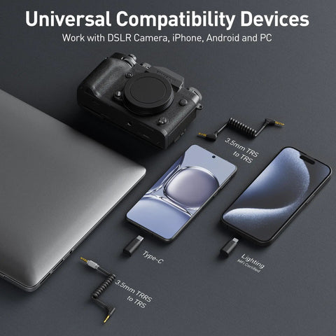 2-Person Wireless Lavalier Microphone System For iPhone, Cam, And Android With 40 Hour Battery Life, compatible devices layout