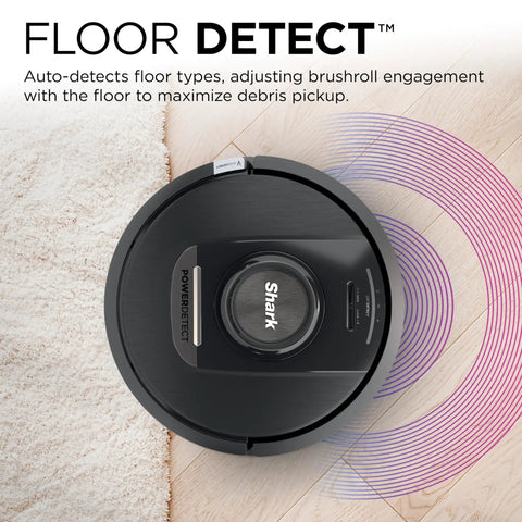 PowerDetect Self Empty Robot Vacuum demonstrating floor detection on carpet and hard floor