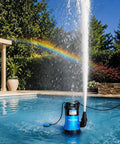 Badass Heavy Duty 1HP Submersible Sump Pump Pulls A Knockout 5300GPH Flow, blue unit in swimming pool with vibrant rainbow.