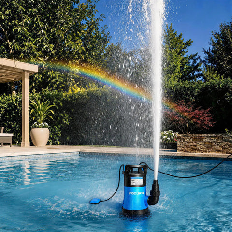 Badass Heavy Duty 1HP Submersible Sump Pump Pulls A Knockout 5300GPH Flow, blue unit in swimming pool with vibrant rainbow.