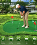 Person using Thickened Realistic Golf Putting Green 5 X 10 Ft Practice Mat For Indoor Outdoor With Three Holes And Training Cup