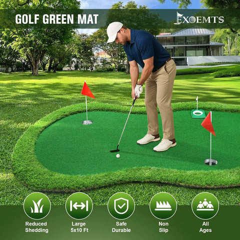 Person using Thickened Realistic Golf Putting Green 5 X 10 Ft Practice Mat For Indoor Outdoor With Three Holes And Training Cup