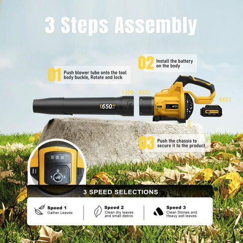 Cordless Leaf Blower 650 CFM With 3 Speed Levels And 1200W Power, Dual 5.0Ah Batteries Included And Fast Charger steps