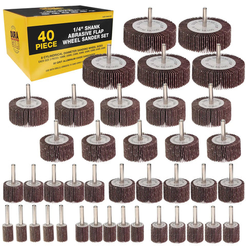 Beefy 40 Piece Flap Wheel Sander Kit With One Quarter Inch Shank, 80 Grit Aluminum Oxide Wheels, various sizes displayed