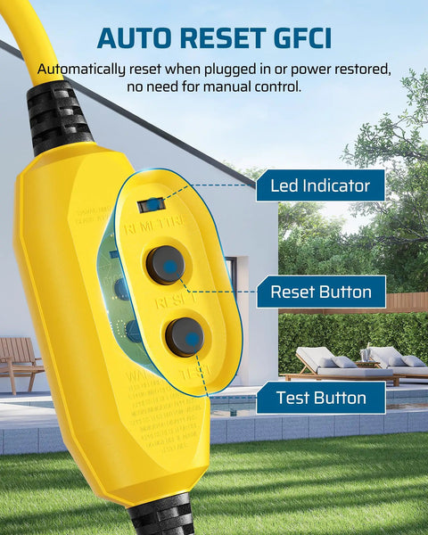 Close-up of 3 Ft Automatic GFCI Outdoor Extension Cord 12 Gauge 3 Conductor Heavy Duty Power Cable with LED light in garden.