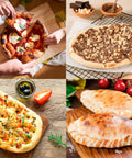 Four types of pizza including a classic, dessert, veggie, and calzone on wooden boards, demonstrating pizza variations.