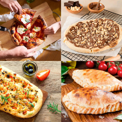 Four types of pizza including a classic, dessert, veggie, and calzone on wooden boards, demonstrating pizza variations.