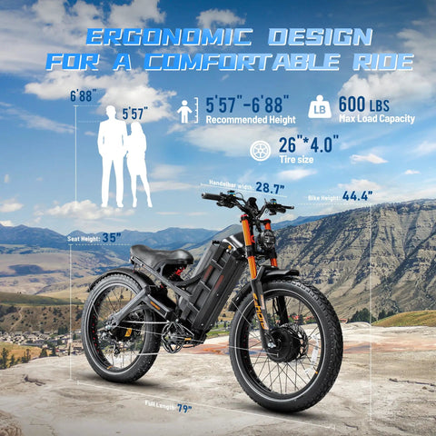 Next Level Heavy Duty Electric Bike For Adults With 6000W Dual Motor And 60V 80Ah Long Range Battery side profile showing ergonomic design details.