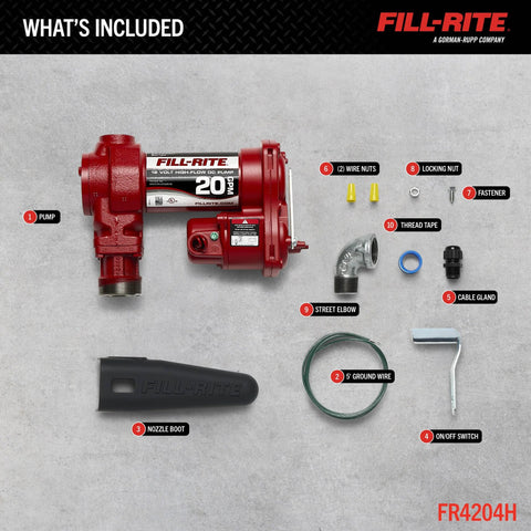 Image showing components of a 12V Fuel Transfer Pump 20 GPM Pump Only Durable Cast Iron Construction, including removable junction box, nozzle boot, street elbow, and more.