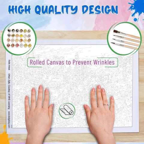 Chill Paint By Numbers Kit For Adults Unframed Canvas with printed guide and paintbrushes on tabletop