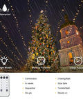 Ultra Long Outdoor Christmas Lights 330Ft 1000 LED String Lights illuminating tree and building with remote and modes description