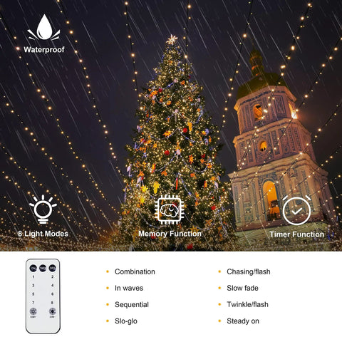 Ultra Long Outdoor Christmas Lights 330Ft 1000 LED String Lights illuminating tree and building with remote and modes description