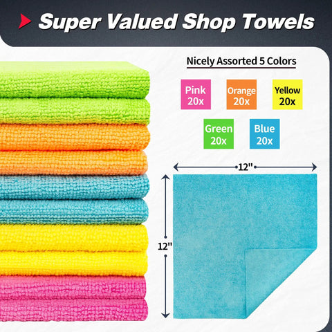 Ultra Absorbent Microfiber Cleaning Cloths 100 Pack 12x12 Inches All Purpose Towels in assorted colors