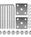Stainless Steel Square U Bolts Kit For Boat Trailer Axle And Leaf Springs For 2x2 Axle Beefs Up Your Setup With Four Point Seven Five Inch Long Two Inch Wide U Bolts With Nuts Washers Lock Washers And Frame Plate displayed with components including nuts, washers, and frame plates.