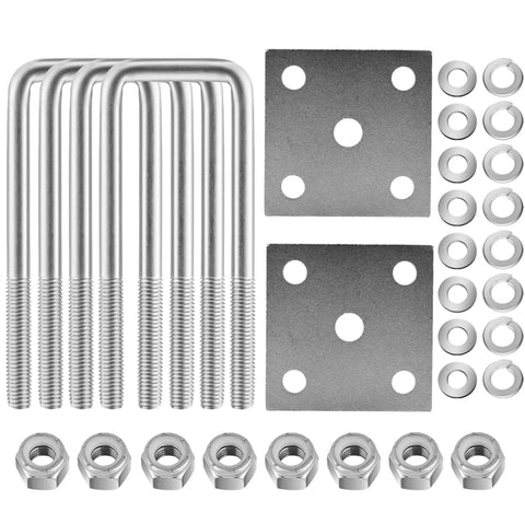 Stainless Steel Square U Bolts Kit For Boat Trailer Axle And Leaf Springs For 2x2 Axle Beefs Up Your Setup With Four Point Seven Five Inch Long Two Inch Wide U Bolts With Nuts Washers Lock Washers And Frame Plate displayed with components including nuts, washers, and frame plates.