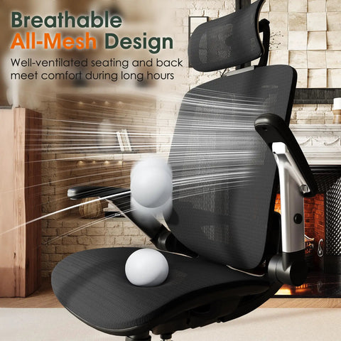 Ergonomic Office Chair With High Back And Headrest, Flip Up Armrests, depicted with breathable mesh design in a room setting.