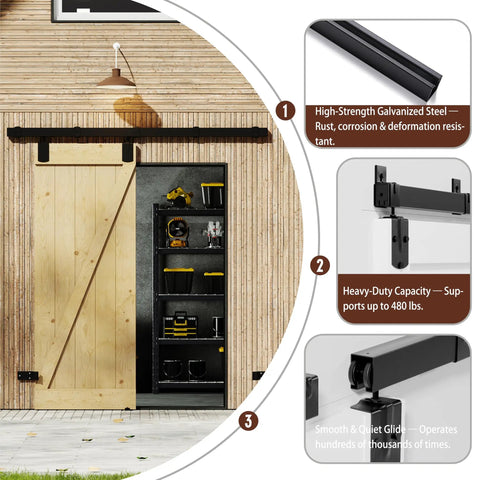 36 Inch By 84 Inch Exterior Sliding Pine Barn Door With Z Frame, Heavy Duty Black Track System, Hardware Kit Included, Waterproof And Rustproof, Garage Ready And No Sweat Install For Warehouse Or Shop