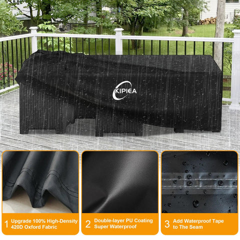Heavy Duty Waterproof Patio Furniture Covers For Table And Chairs Set All Weather Protection UV Resistant No Tears Or Fading 110 Inch Long By 84 Inch Wide By 28 Inch High Durable 420D Fabric, shown with raindrops highlighting waterproof coating on a patio.