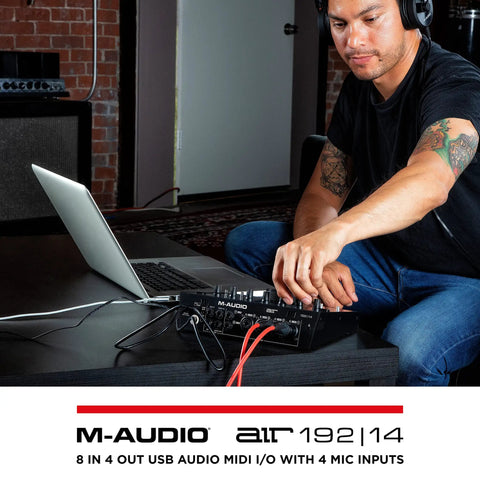 Person using USB C Audio Interface For Studio Recording With 8 Inputs And 4 Outputs MIDI In Out 24 Bit 192 KHz Resolution.
