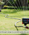 Flow-through design of 4-Way Adjustable Mini Turbo Oscillating Sprinkler With Step Spike Gear Drive for heavy-duty lawn watering