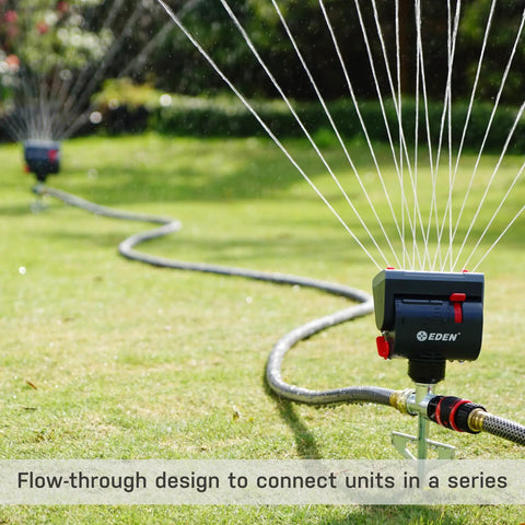 Flow-through design of 4-Way Adjustable Mini Turbo Oscillating Sprinkler With Step Spike Gear Drive for heavy-duty lawn watering