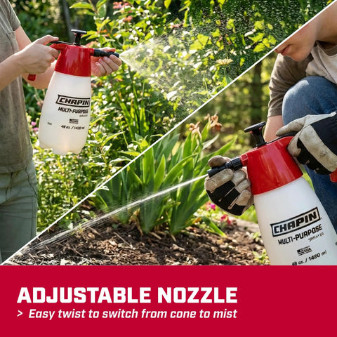 Person using 48oz Handheld Pump Sprayer for Lawn with adjustable nozzle, translucent poly tank, and wide mouth for easy refills
