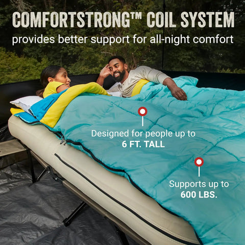 Two people lounging on Queen Size Airbed Cot With Folding Steel Frame And Side Table Battery Pump Included Portable Camping Bed For Indoor Outdoor Use Totally Built For Lounging Elevated Sleeping Guests And More.