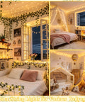 Cozy bedroom decorated with 200 LED String Lights 66 Ft Connectable Warm White Cozy Glow Christmas Fairy Lights for ambiance.