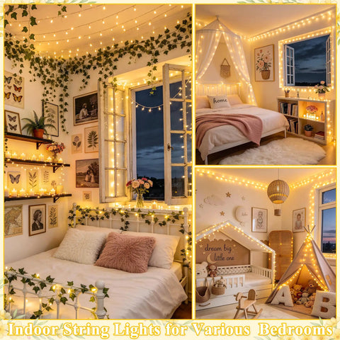 Cozy bedroom decorated with 200 LED String Lights 66 Ft Connectable Warm White Cozy Glow Christmas Fairy Lights for ambiance.