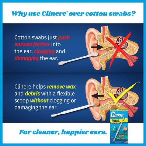 Comparison of Gentle Ear Wax Removal Tool Kit and cotton swab showing safe cleaning with flexible scoop and fin design benefits.