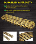 Gold Dirt Bike Chain for Tuttio Soleil 01, carbon steel electric motorcycle chain emphasizing durability and tensile strength.