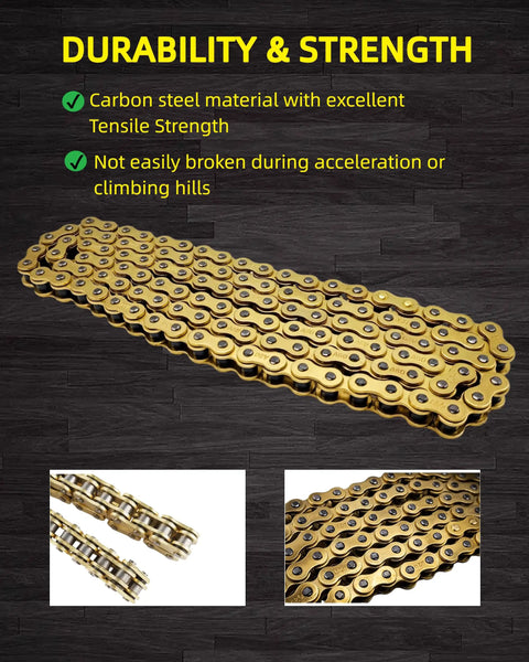 Gold Dirt Bike Chain for Tuttio Soleil 01, carbon steel electric motorcycle chain emphasizing durability and tensile strength.