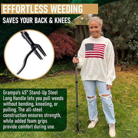 Stand Up Weed Puller Tool With Heavy Duty Steel Long Handle 45 Inch Reach For Easy Weeding And Back And Knee Friendly No Bending Lawn And Garden Cleanup All Steel Construction For Durable Use And Simple Twist Together Assembly, woman using 45-inch steel weed puller in a garden