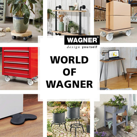 Collage of various home and garden products by Wagner, including plant stands, furniture, and a door stop.