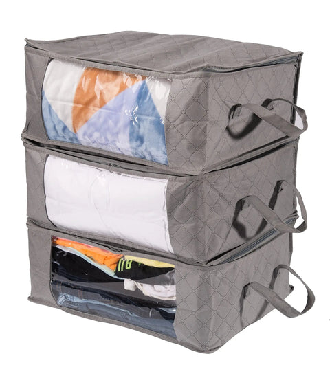Three gray foldable large clothes storage bags with clear windows and carrying handles, ideal for dorms and bedrooms.