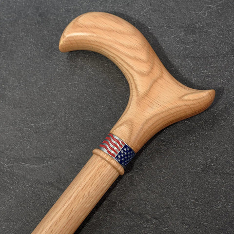 Patriotic American Flag Collar Ring For Walking Canes, 7/8 Inch Inner Diameter, on wooden cane handle with raised star detail