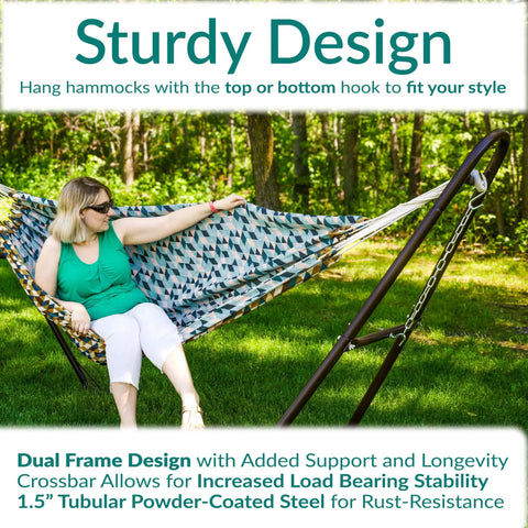 Heavy Duty Outdoor Hammock Stand For 9 To 14 Foot Hammocks, Bronze Finish, 550 Pound Capacity, in use with woman relaxing