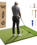 Ultra Thick Premium Golf Mat With 20mm Base For Indoor Or Outdoor Practice, golfer practicing on 5x4ft dual-turf mat with tees