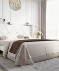 Queen Bed Frame With Plush Velvet Headboard And Built In Charging Station Featuring Dual AC Outlets And USB Port Plus Type C Hub in a stylish bedroom setting.
