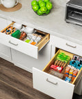 Low Maintenance Pantry Organizers And Kitchen Storage Bins With Split Dividers Keep Your Fridge Chill And Counter Cleared For Snacks And Bulk Goods Two Piece Set in organized kitchen drawers.