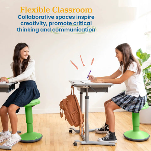 Two students on Sitwell Wobble Stool With Cushion Adjustable Height Active Seating For Movement Perfect For Class Or Home Grassy Green