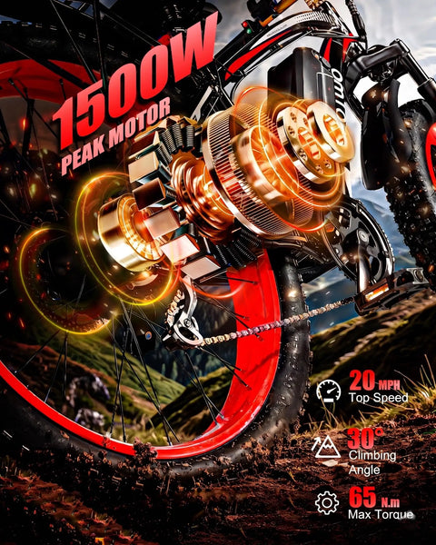 Electric Mountain Bike For Adults 1500W Peak Motor 26 Inch Fat Tire E Bike with graphic of motor and red accents
