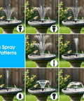 8W Solar Fountain Pump With 3600mAh Battery Backup For All Day Operation, 5 Ft Tubing And 5 Nozzles in bird bath with spray patterns
