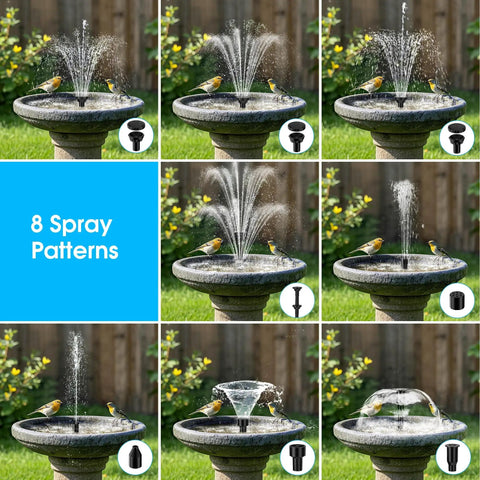 8W Solar Fountain Pump With 3600mAh Battery Backup For All Day Operation, 5 Ft Tubing And 5 Nozzles in bird bath with spray patterns