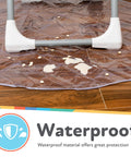 Waterproof High Chair Floor Mat 50 Inch Diameter Clear Circle Kitchen Mat Protects Floors From Spills And Messes While Your Little One Sits Eats And Learns To Self Feed, showing clear vinyl mat under high chair catching spills on wooden floor.