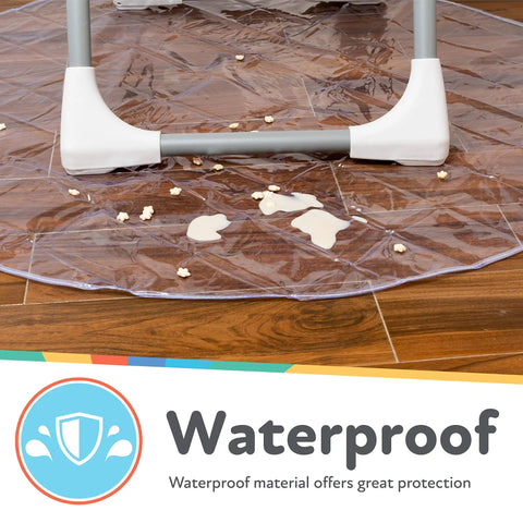 Waterproof High Chair Floor Mat 50 Inch Diameter Clear Circle Kitchen Mat Protects Floors From Spills And Messes While Your Little One Sits Eats And Learns To Self Feed, showing clear vinyl mat under high chair catching spills on wooden floor.