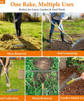 Easy Lawn Thatch Rake For Moss And Dead Grass Dual Action Dethatcher And Scarifier Tool shown in various garden tasks.