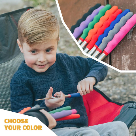 Child holding a 45 Inch Extra Long Marshmallow Roasting Sticks Kit For Campfire Smores, 4 Pack Telescoping Skewers, with colored handles