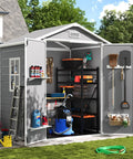 Lockable Plastic Garden Shed With Floor For Backyard Storage No Fuss Weatherproof Resin Tool Shed For Lawn Patio And Bike Ventilated To Stay Fresh Outdoor Storage Cabinet 6x4.5 Ft Gray with open doors showing organized tools and equipment.