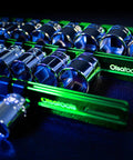 Close-up of Aluminum Socket Organizer Rail Set For 1/2, 3/8, And 1/4 Drives - Green, holding chrome sockets on black surface.